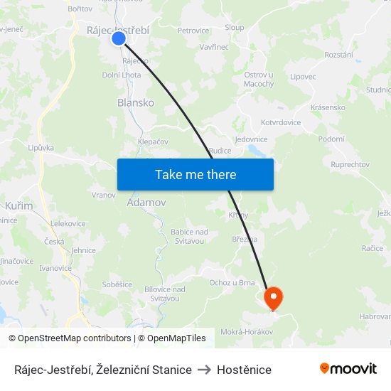 Rájec-Jestřebí, Železniční Stanice to Hostěnice map