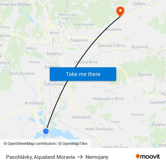 Pasohlávky, Aqualand Moravia to Nemojany map