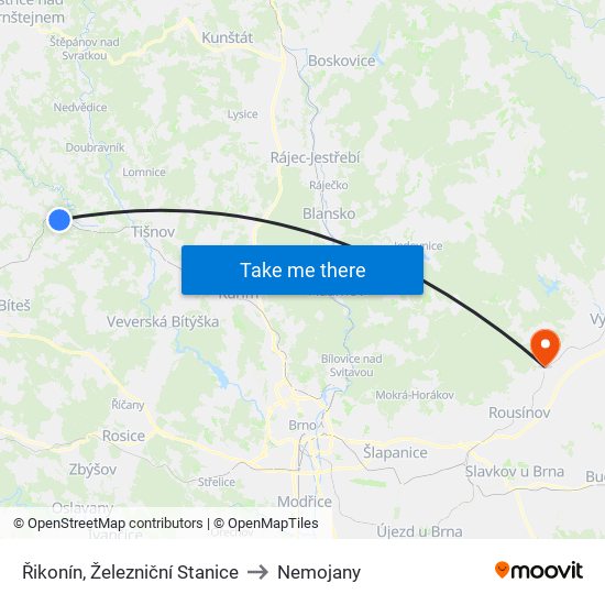 Řikonín, Železniční Stanice to Nemojany map