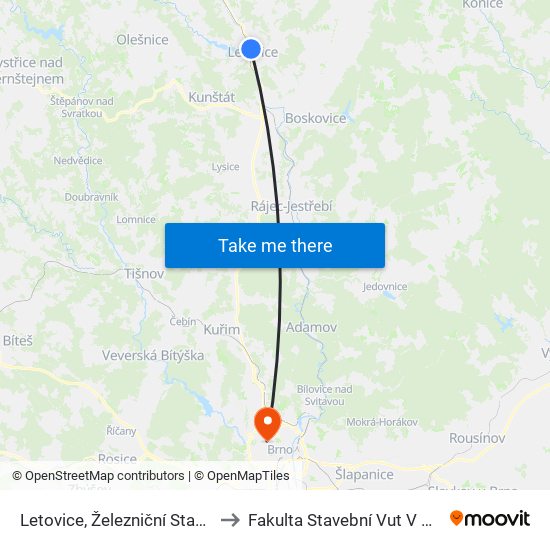 Letovice, Železniční Stanice to Fakulta Stavební Vut V Brně map