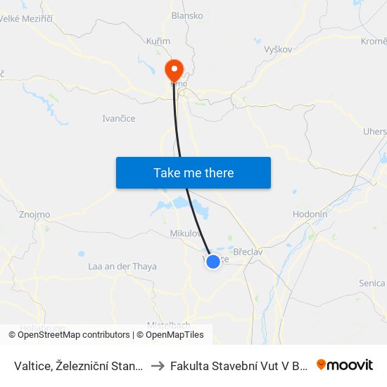 Valtice, Železniční Stanice to Fakulta Stavební Vut V Brně map