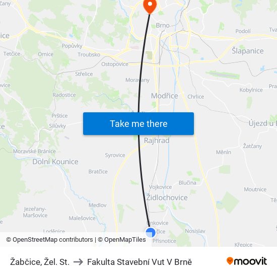 Žabčice, Žel. St. to Fakulta Stavební Vut V Brně map