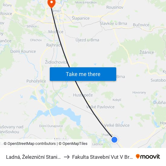 Ladná, Železniční Stanice to Fakulta Stavební Vut V Brně map