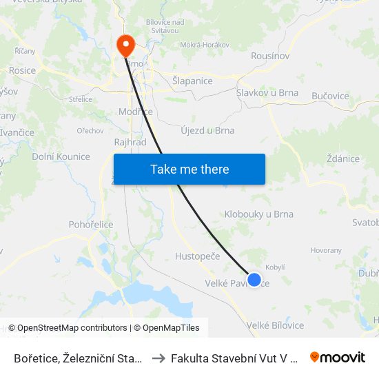 Bořetice, Železniční Stanice to Fakulta Stavební Vut V Brně map