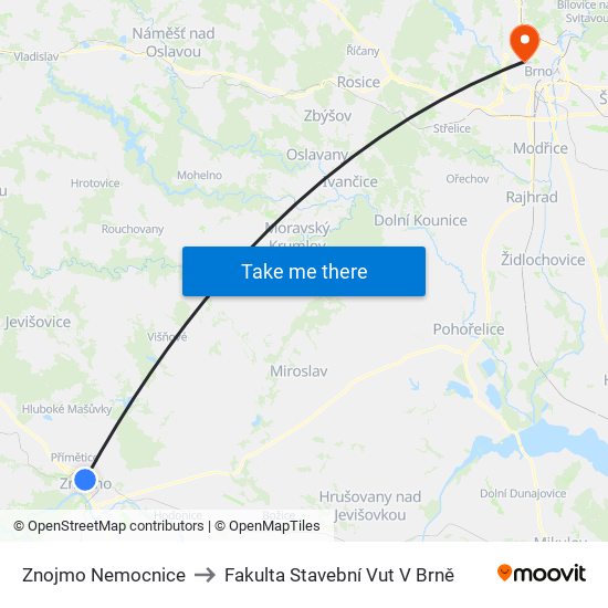 Znojmo Nemocnice to Fakulta Stavební Vut V Brně map