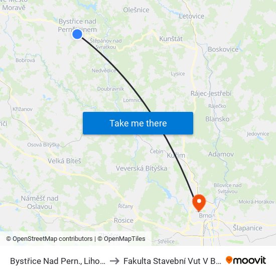 Bystřice Nad Pern., Lihovar to Fakulta Stavební Vut V Brně map
