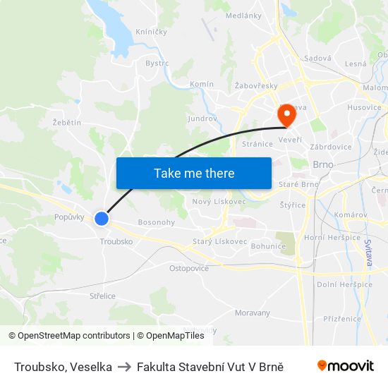 Troubsko, Veselka to Fakulta Stavební Vut V Brně map