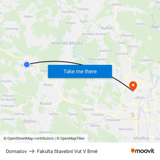 Domašov to Fakulta Stavební Vut V Brně map