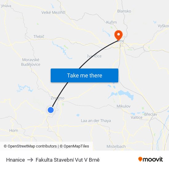 Hnanice to Fakulta Stavební Vut V Brně map