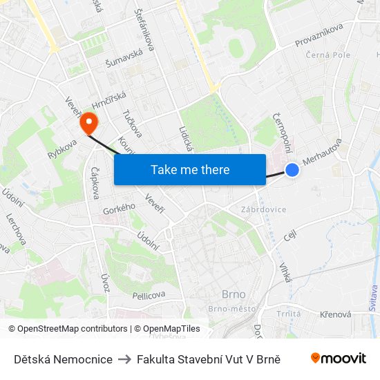 Dětská Nemocnice to Fakulta Stavební Vut V Brně map
