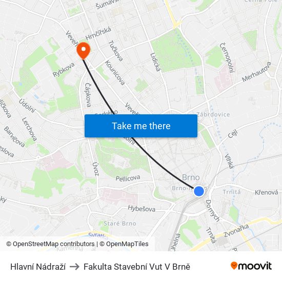 Hlavní Nádraží to Fakulta Stavební Vut V Brně map