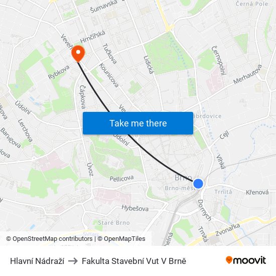 Hlavní Nádraží to Fakulta Stavební Vut V Brně map