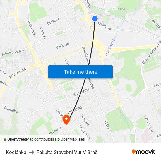 Kociánka to Fakulta Stavební Vut V Brně map