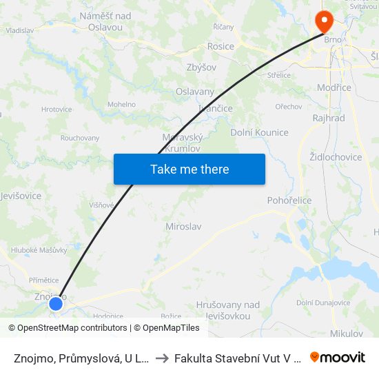 Znojmo, Průmyslová, U Lávky to Fakulta Stavební Vut V Brně map