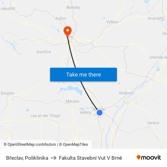 Břeclav, Poliklinika to Fakulta Stavební Vut V Brně map