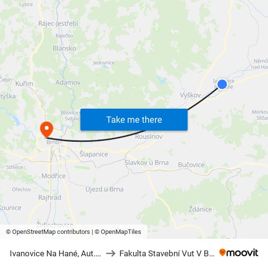 Ivanovice Na Hané, Aut. St. to Fakulta Stavební Vut V Brně map