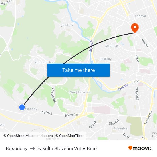 Bosonohy to Fakulta Stavební Vut V Brně map