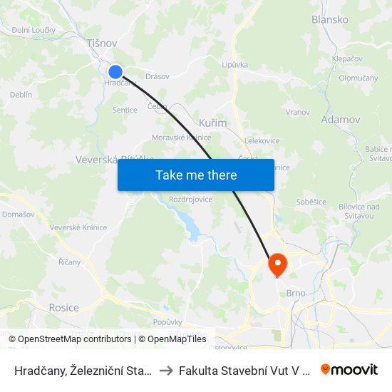 Hradčany, Železniční Stanice to Fakulta Stavební Vut V Brně map