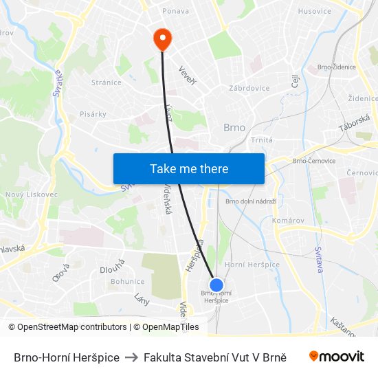 Brno-Horní Heršpice to Fakulta Stavební Vut V Brně map