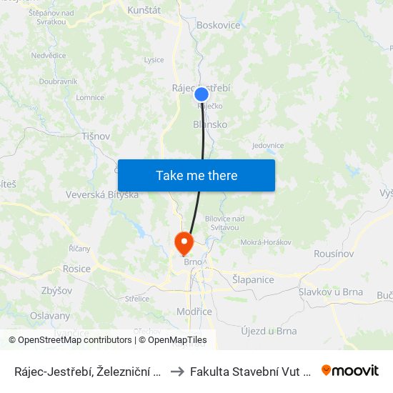 Rájec-Jestřebí, Železniční Stanice to Fakulta Stavební Vut V Brně map