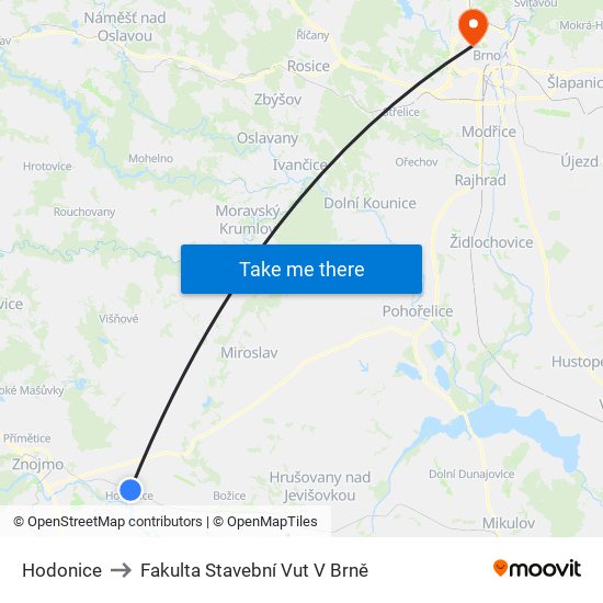 Hodonice to Fakulta Stavební Vut V Brně map