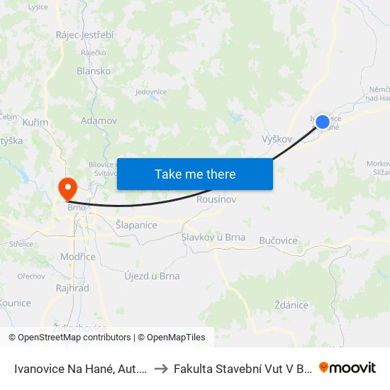 Ivanovice Na Hané, Aut. St. to Fakulta Stavební Vut V Brně map