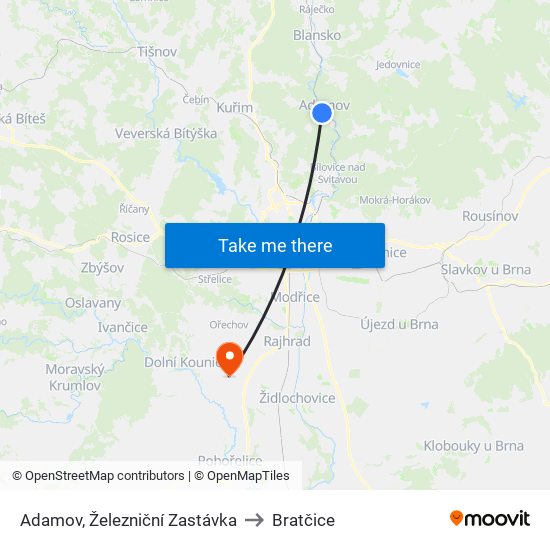 Adamov, Železniční Zastávka to Bratčice map