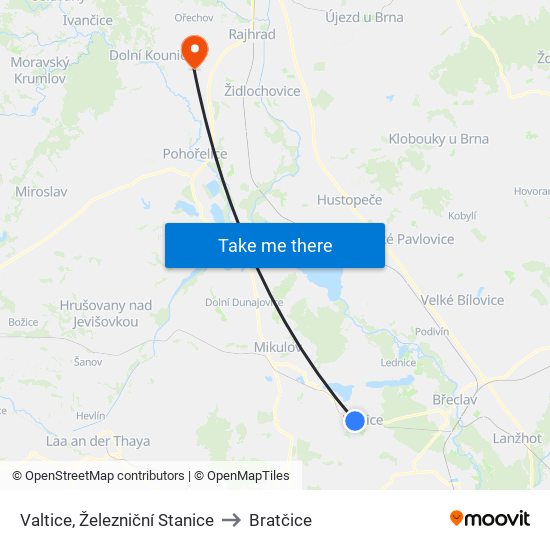 Valtice, Železniční Stanice to Bratčice map