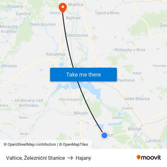 Valtice, Železniční Stanice to Hajany map