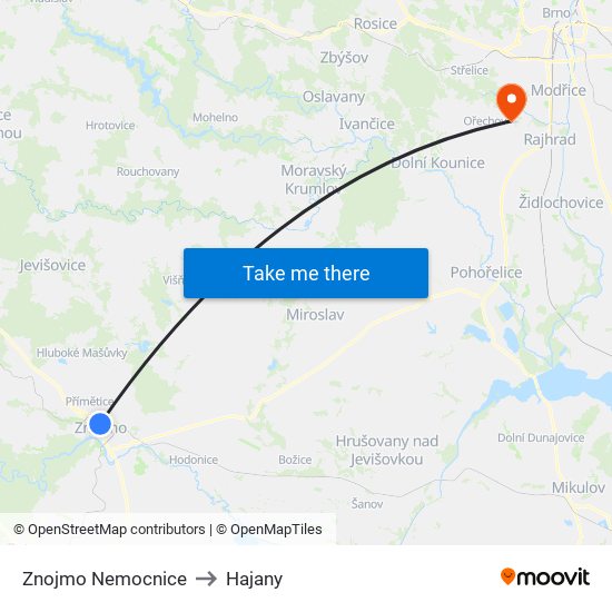 Znojmo Nemocnice to Hajany map