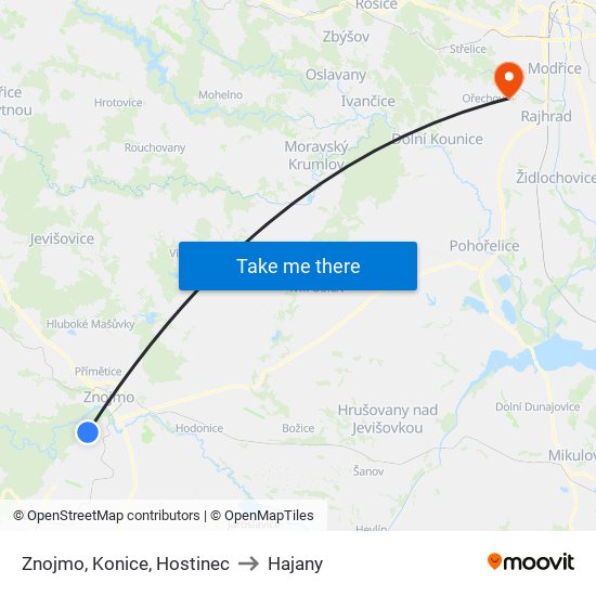 Znojmo, Konice, Hostinec to Hajany map