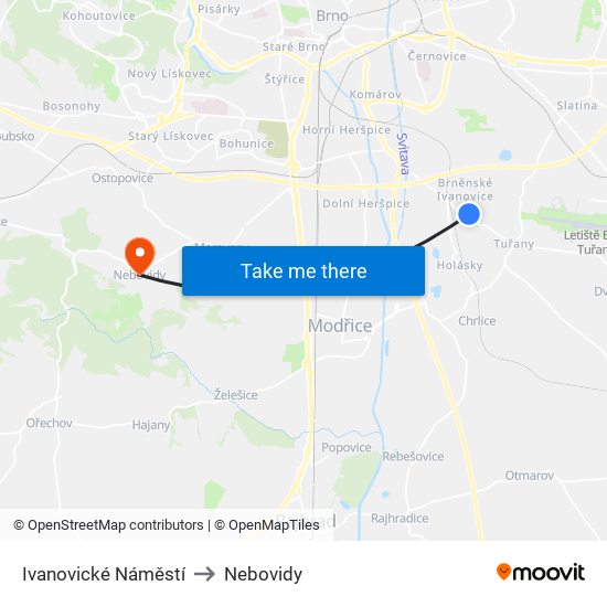 Ivanovické Náměstí to Nebovidy map