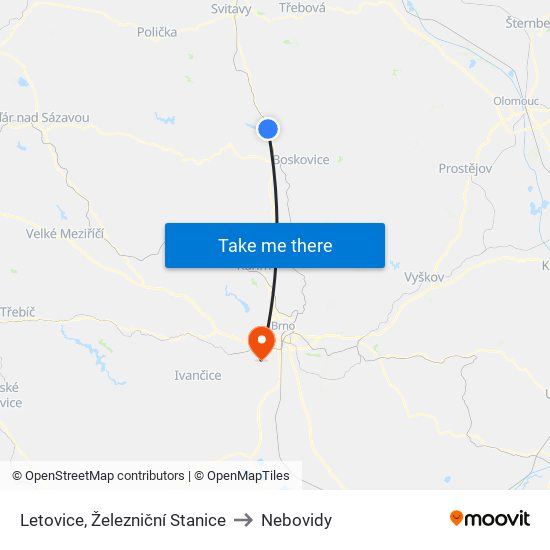 Letovice, Železniční Stanice to Nebovidy map