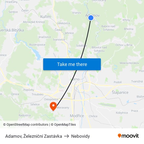 Adamov, Železniční Zastávka to Nebovidy map