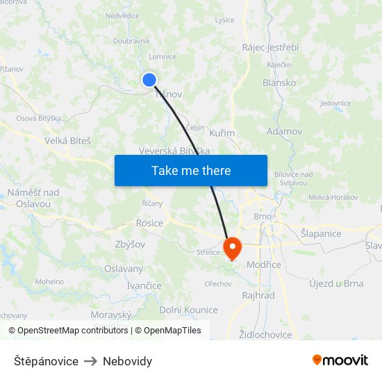 Štěpánovice to Nebovidy map