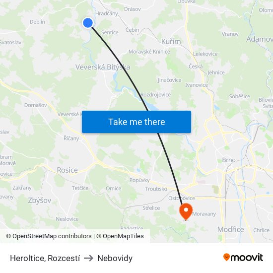 Heroltice, Rozcestí to Nebovidy map