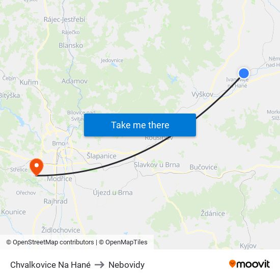 Chvalkovice Na Hané to Nebovidy map