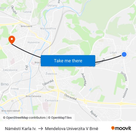 Náměstí Karla Iv. to Mendelova Univerzita V Brně map