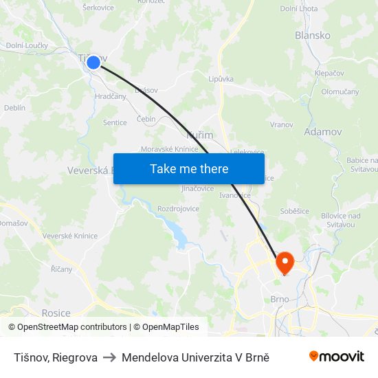 Tišnov, Riegrova to Mendelova Univerzita V Brně map