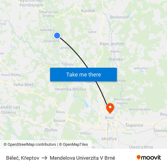 Běleč, Křeptov to Mendelova Univerzita V Brně map