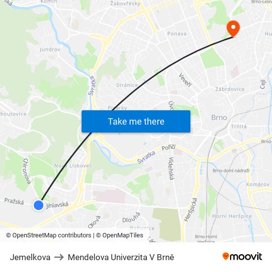 Jemelkova to Mendelova Univerzita V Brně map