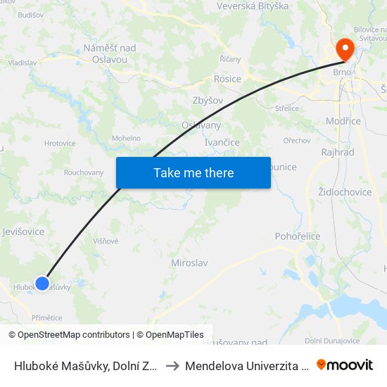 Hluboké Mašůvky, Dolní Zastávka to Mendelova Univerzita V Brně map