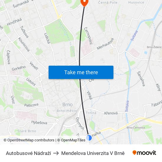 Autobusové Nádraží to Mendelova Univerzita V Brně map