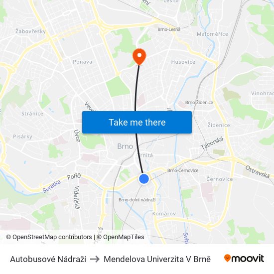 Autobusové Nádraží to Mendelova Univerzita V Brně map
