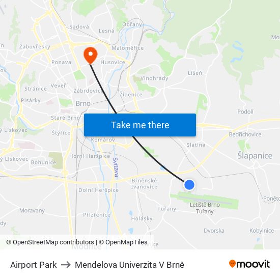 Airport Park to Mendelova Univerzita V Brně map