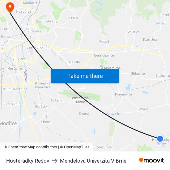 Hostěrádky-Rešov to Mendelova Univerzita V Brně map