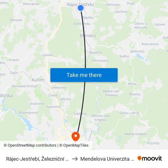 Rájec-Jestřebí, Železniční Stanice to Mendelova Univerzita V Brně map