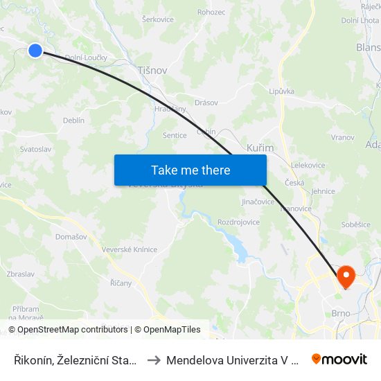 Řikonín, Železniční Stanice to Mendelova Univerzita V Brně map