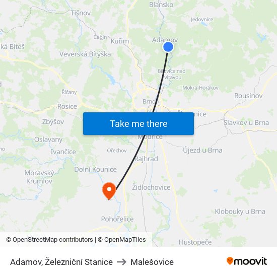 Adamov, Železniční Stanice to Malešovice map