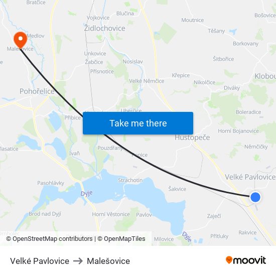 Velké Pavlovice to Malešovice map